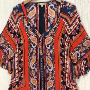 Democracy Paisley Print Kimono Top Women's L Tie‎ Neck Flared Sleeve Blouse